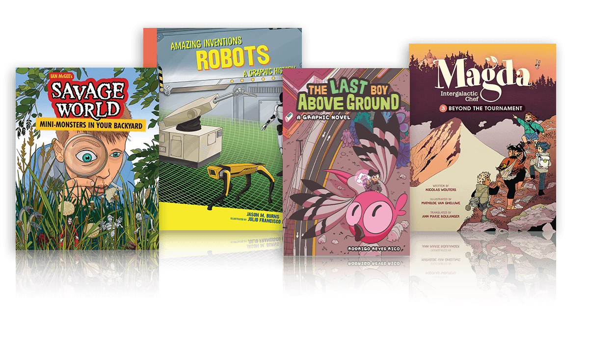 Lerner graphic novel book covers featuring adventure, robots, and science-themed stories for kids.