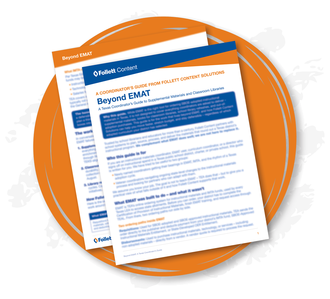 Downloadable Follett Content guide titled “Beyond EMAT” displayed over an orange circular graphic.