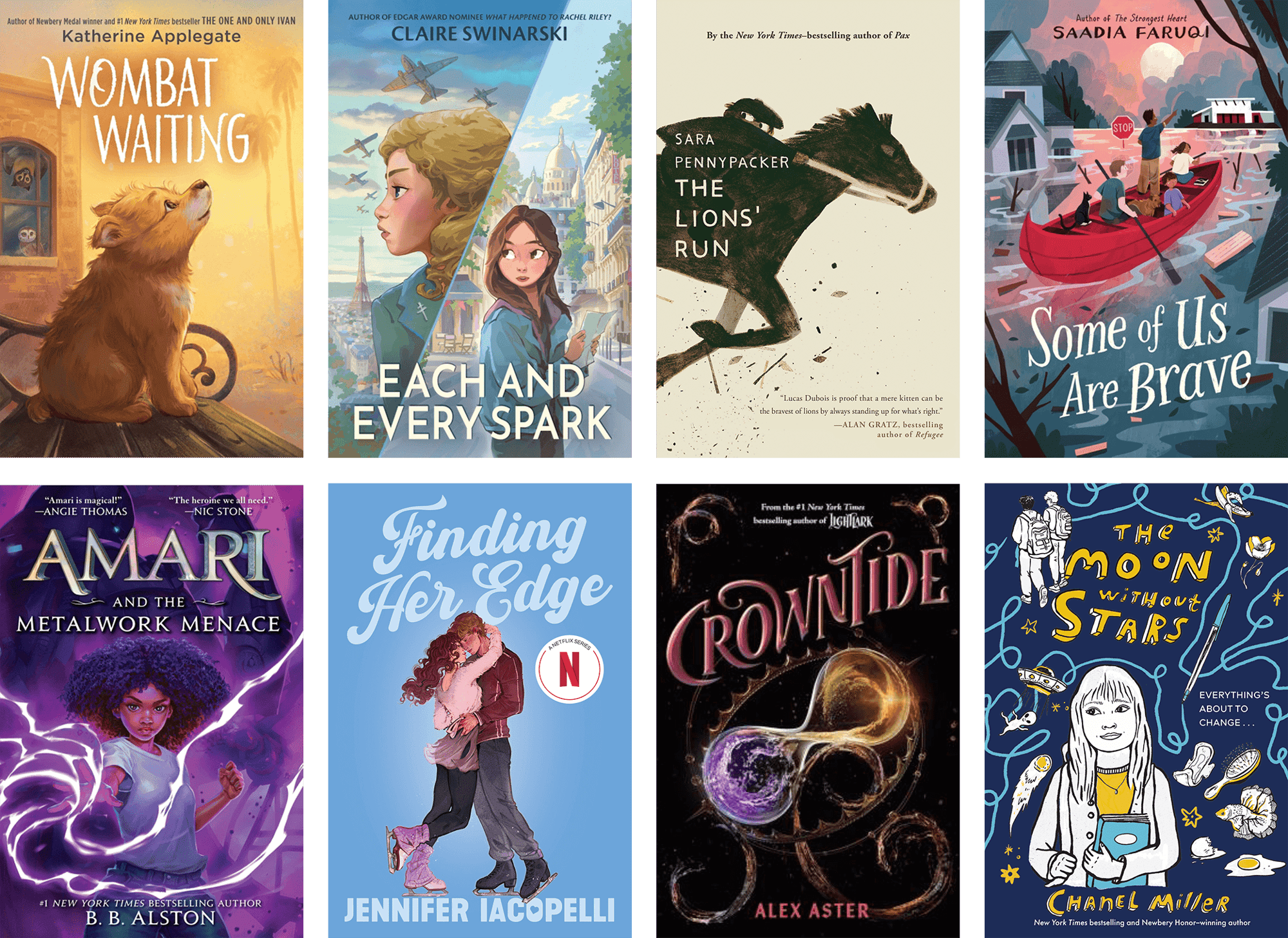 A 2x4 grid of eight book covers for young readers. Titles include Wombat Waiting, Each and Every Spark, The Lions’ Run, Some of Us Are Brave, Amari and the Metalwork Menace, Finding Her Edge, Crowntide, and The Moon Without Stars. Authors include Katherine Applegate and B.B. Alston.