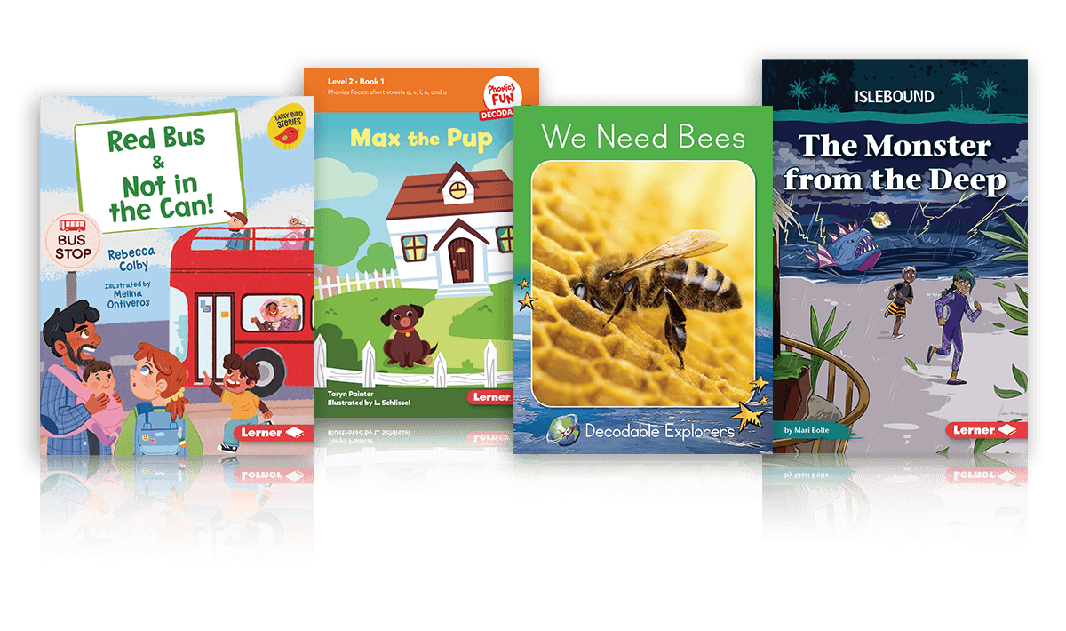 Lerner decodable book covers featuring a bee close-up, children near a red bus, a puppy in front of a house, and kids running from a sea monster.