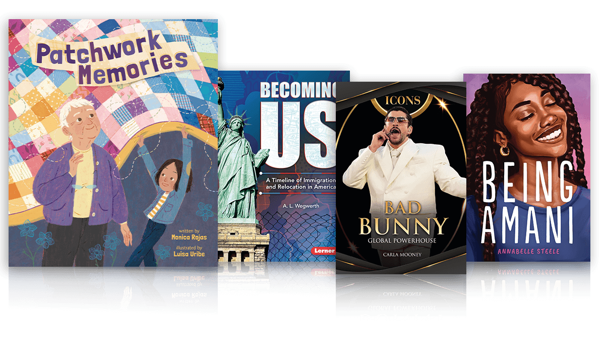 Diverse children’s book covers featuring U.S. immigration history, illustrated family memories, a smiling teen portrait, and a music icon biography.