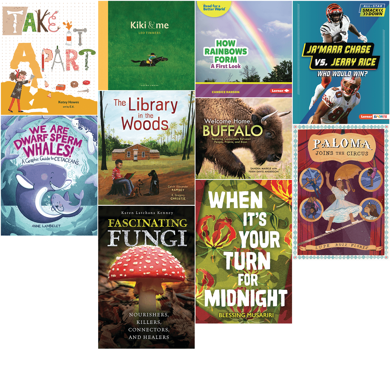 Lerner book covers featuring children’s titles about animals, sports, nature, reading, and diverse stories.