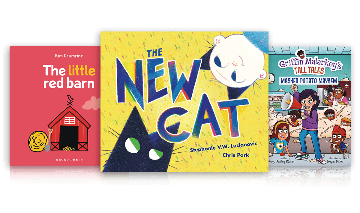 Three overlapping Lerner PreK book covers featuring a red barn, playful cats, and an illustrated school cafeteria story.