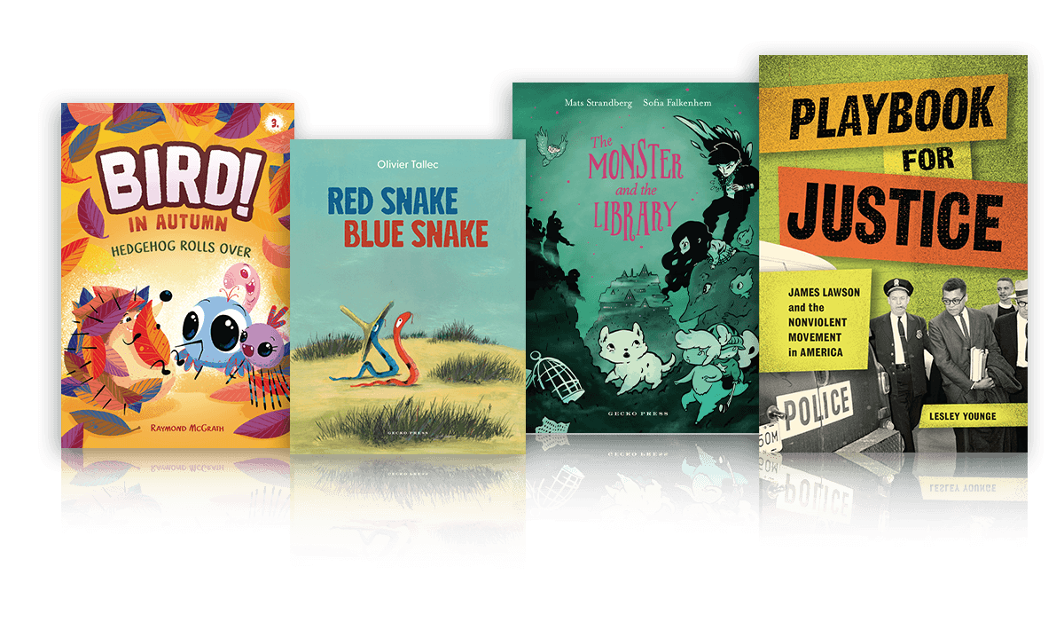 Lerner children’s book covers featuring illustrated stories about a monster in a library, snakes, autumn animals, and a nonfiction title about justice and nonviolent movements.