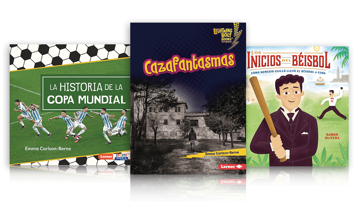 Lerner Spanish-language book covers featuring baseball history, a spooky mystery, and World Cup soccer.