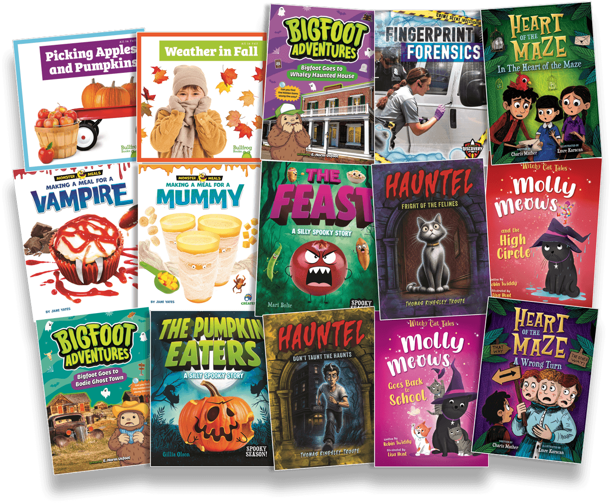 FlutterBee giveaway book collection featuring fall, Halloween, mystery, science, school, Bigfoot, and Molly Meows titles.