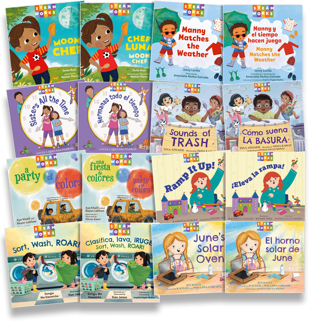 STEAM Works children’s book collection featuring English and Spanish titles about weather, sound, colors, sorting, solar energy, math, and science.