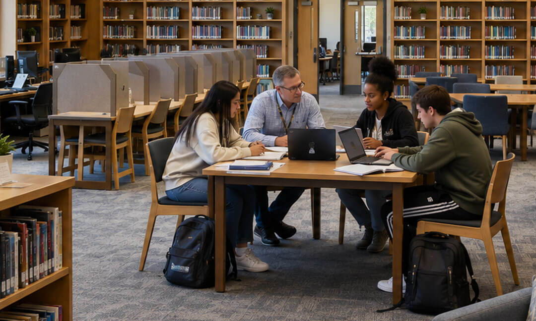 alt="A librarian works with three students at a table in a school library, using laptops and notebooks for research.