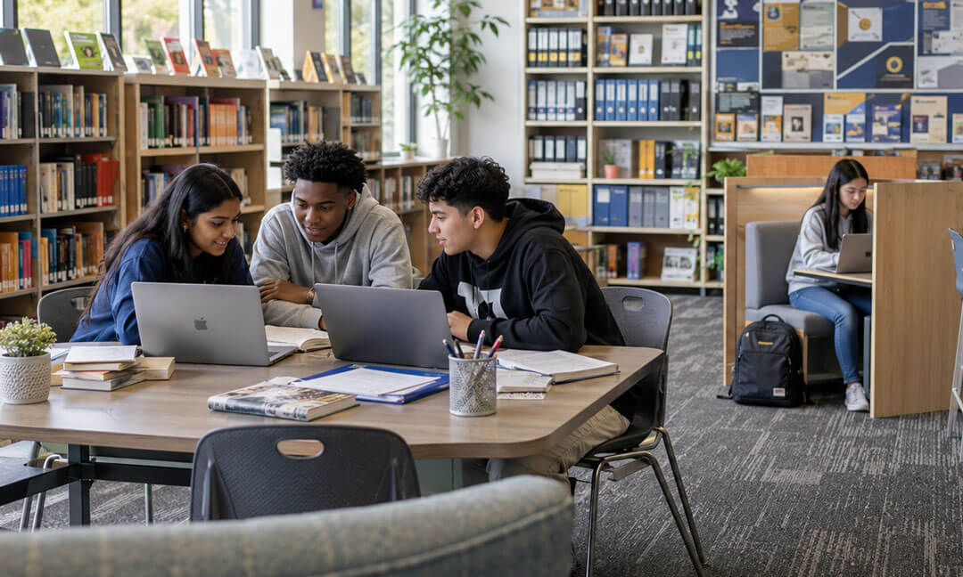 Students collaborate on laptops and notebooks at a table in a school library, with another student studying nearby.