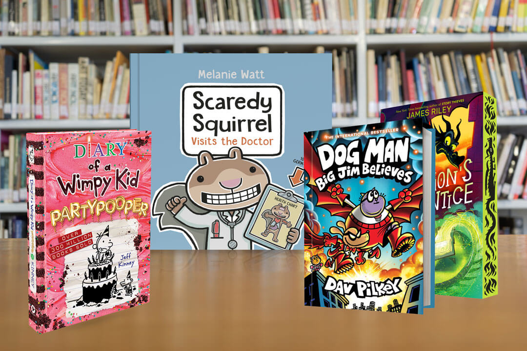 Image of Diary of a Wimpy Kid Partypooper hard cover, Scaredy Squirrel Visits the Doctor, Dogman Big Jim Believes, and The Dragons Apprentice