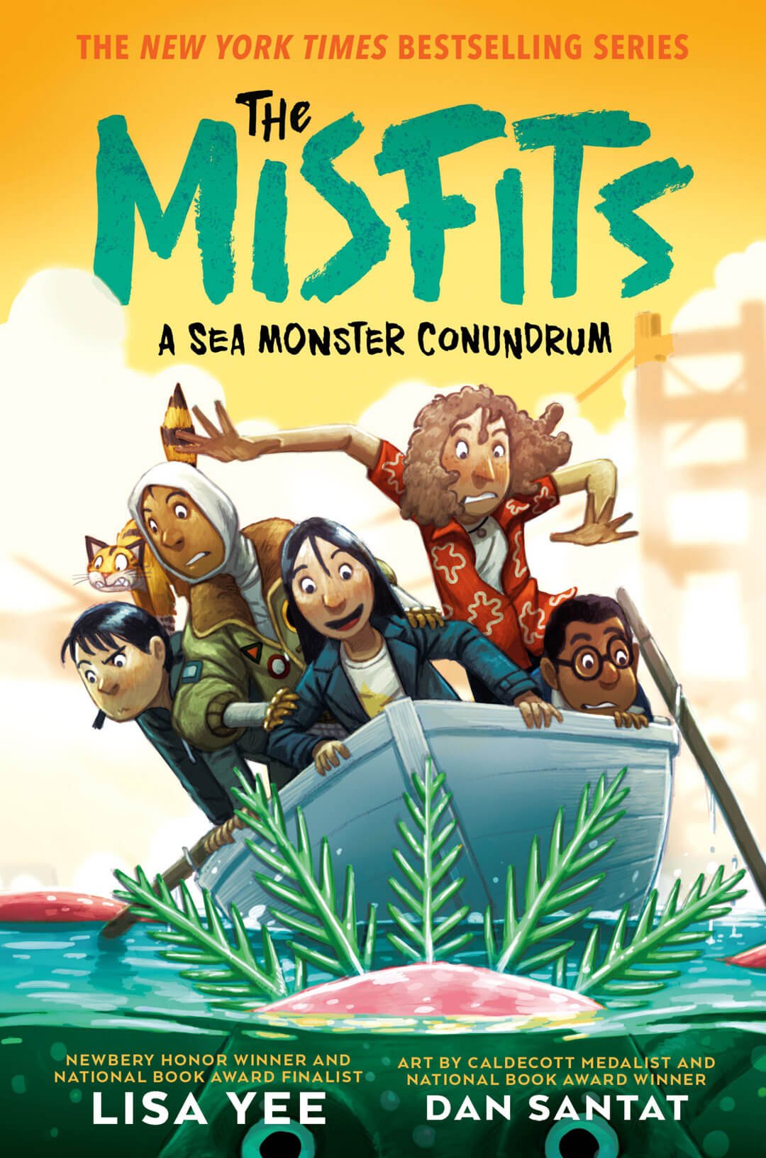 The Misfits: A Sea Monster Conundrum by Lisa Yee and Dan Santat. This graphic novel illustration shows five diverse kids and a orange cat in a sinking white wooden boat. Large green pine tree branches emerge from a water-creature's head.